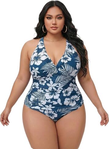 Plus Size one-piece Swimsuits, Hibiscus Print Halter V Neck Tummy Control Bathing Suit, 4 Colors, XL-5XL in Saudi Arabia