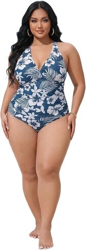 Plus Size one-piece Swimsuits, Hibiscus Print Halter V Neck Tummy Control Bathing Suit, 4 Colors, XL-5XL in Saudi Arabia