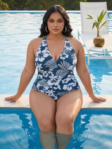 Plus Size one-piece Swimsuits, Hibiscus Print Halter V Neck Tummy Control Bathing Suit, 4 Colors, XL-5XL in Saudi Arabia