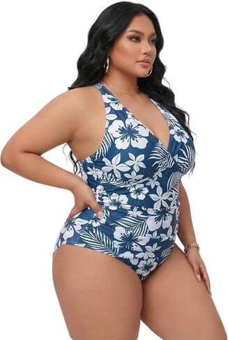 Plus Size one-piece Swimsuits, Hibiscus Print Halter V Neck Tummy Control Bathing Suit, 4 Colors, XL-5XL in Saudi Arabia