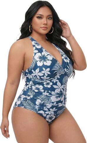 Plus Size one-piece Swimsuits, Hibiscus Print Halter V Neck Tummy Control Bathing Suit, 4 Colors, XL-5XL in Saudi Arabia