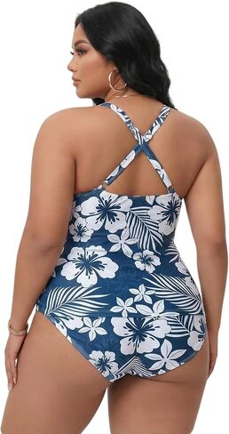 Plus Size one-piece Swimsuits, Hibiscus Print Halter V Neck Tummy Control Bathing Suit, 4 Colors, XL-5XL in Saudi Arabia