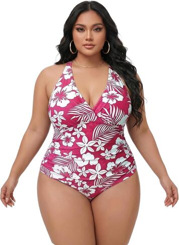 Plus Size one-piece Swimsuits, Hibiscus Print Halter V Neck Tummy Control Bathing Suit, 4 Colors, XL-5XL in Saudi Arabia