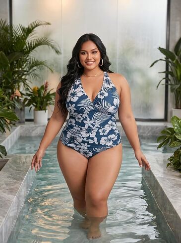 Plus Size one-piece Swimsuits, Hibiscus Print Halter V Neck Tummy Control Bathing Suit, 4 Colors, XL-5XL in Saudi Arabia