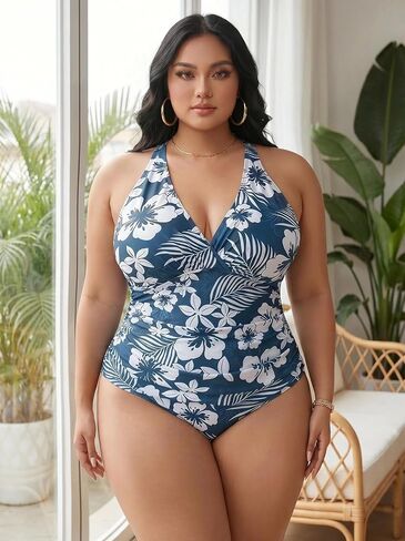 Plus Size one-piece Swimsuits, Hibiscus Print Halter V Neck Tummy Control Bathing Suit, 4 Colors, XL-5XL in Saudi Arabia