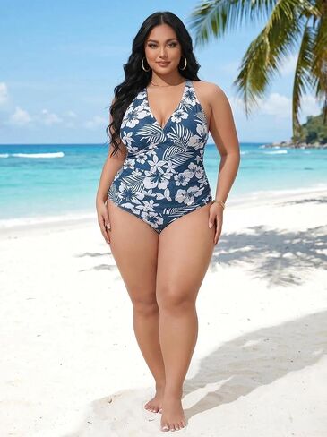 Plus Size one-piece Swimsuits, Hibiscus Print Halter V Neck Tummy Control Bathing Suit, 4 Colors, XL-5XL in Saudi Arabia