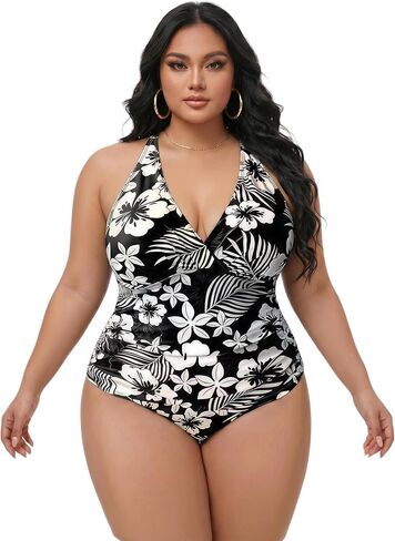 Plus Size one-piece Swimsuits, Hibiscus Print Halter V Neck Tummy Control Bathing Suit, 4 Colors, XL-5XL in Saudi Arabia