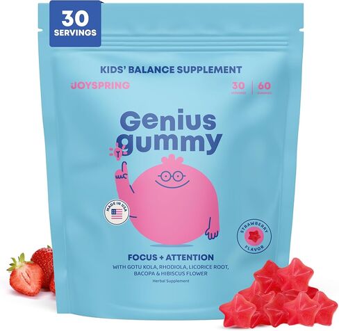 JoySpring Genius Kids Focus Gummies - مكمل عشبي طبيعي للعقل للأطفال | نباتي، خالي من الغلوتين، خالي من السكر مع باكوبا، غوتو كولا، رهوديولا - 60 قطعة in Saudi Arabia