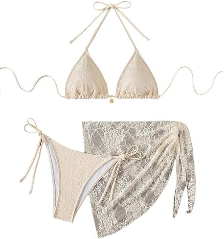 SHENHE Women's Lace Bikini Set 3 Piece Triangle Halter String Swimsuits with Sarong Cover Up in Saudi Arabia