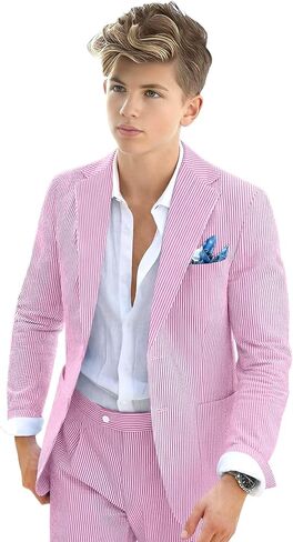Boys Seersucker Suit 2 Piece Tuxedo for Boy Striped Blazer Pants Boys Summer Beach Wedding Suit in Kuwait