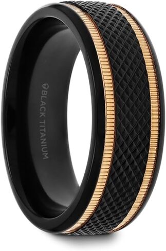 Mens Black Titanium Diamond Pattern Gold Milgrain Grooves Wedding Ring - Brushed Finish Comfort Fit - 8mm Wide - Style name: BAROQUE in Saudi Arabia