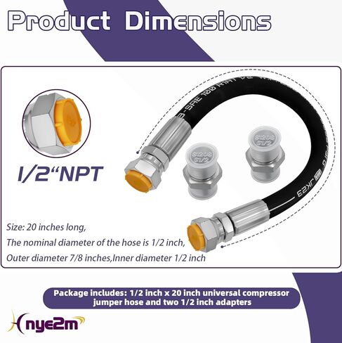1/2" x 20" Stainless Steel Braided Air Compressor Discharge Hose - High Temp 320°F & Triple-Layer Burst Proof Design - Vibration Isolator Lead-in Hose with Two 1/2" Adapters in Saudi Arabia