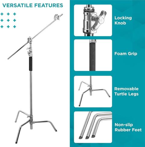 Flashpoint 10' C Light Stand on Turtle Base Kit with Two Tier Spring Loaded Riser Column, 3" GOBO Heads, Baby Pin and 40" Grip Arm, Chrome, a for Cinema Still Studios in Saudi Arabia