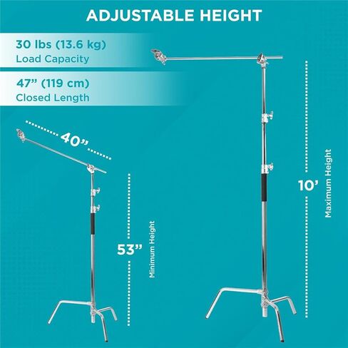 Flashpoint 10' C Light Stand on Turtle Base Kit with Two Tier Spring Loaded Riser Column, 3" GOBO Heads, Baby Pin and 40" Grip Arm, Chrome, a for Cinema Still Studios in Saudi Arabia