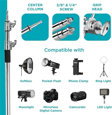 Flashpoint 10' C Light Stand on Turtle Base Kit with Two Tier Spring Loaded Riser Column, 3" GOBO Heads, Baby Pin and 40" Grip Arm, Chrome, a for Cinema Still Studios in Saudi Arabia