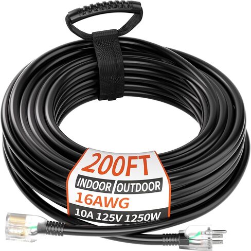 PlugSaf 16/3 Gauge 200 ft Extension Cord Outdoor Black Waterproof, Cold Weatherproof -58°F, Flame Retardant, Flexible 3 Prong Electric Cord for Lawn Office,10A 1250W 16AWG SJTW, ETL Listed in Saudi Arabia