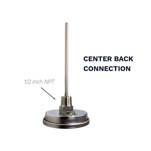 Stainless Steel Bimetal Thermometer, 3" Dial, 6" Stem, 1/2" NPT Center Back Mount, 200-1000 Degrees Fahrenheit / 100-530 Degrees Celsius in Saudi Arabia