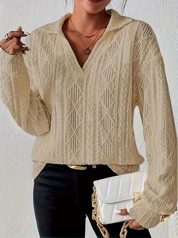 Women's Polo V Neck Long Sleeve Blouse Casual Textured Fall Tops in Saudi Arabia