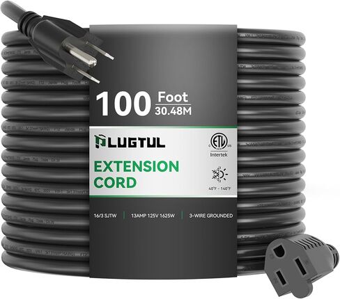 سلك تمديد PLUGTUL بطول 100 قدم، سلك تمديد خارجي بقياس 16/3 مقاوم للماء، 10 أمبير 1625 وات SJTW، مدرج في قائمة ETL، رائع للحديقة والمنزل، أسود in Kuwait