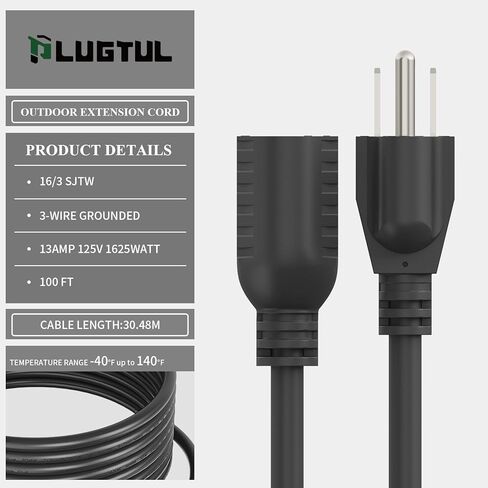 سلك تمديد PLUGTUL بطول 100 قدم، سلك تمديد خارجي بقياس 16/3 مقاوم للماء، 10 أمبير 1625 وات SJTW، مدرج في قائمة ETL، رائع للحديقة والمنزل، أسود in Kuwait
