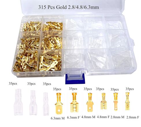 630 Pcs 2.8/4.8/6.3mm Speaker Wire Connectors with Insulating Sleeve, Quick Splice Male and Female Spade Terminal Assortment Kit for Electrical Wiring, Silver and Gold Each 315Pcs in Saudi Arabia