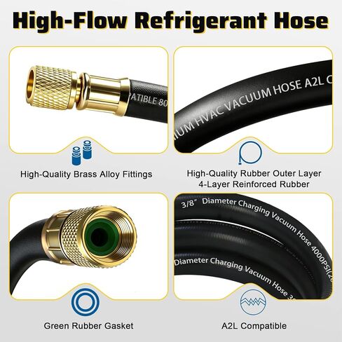 HV1S - خرطوم مكنسة HVAC مقاس 3/8 بوصة، متوافق مع A2L، تركيبات SAE مقاس 3/8 بوصة إلى 1/4 بوصة، 800 رطل لكل بوصة مربعة تعمل بضغط انفجار 4000 رطل لكل بوصة مربعة، خرطوم عالي التدفق معتمد بالفراغ in Kuwait