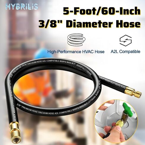 HV1S - خرطوم مكنسة HVAC مقاس 3/8 بوصة، متوافق مع A2L، تركيبات SAE مقاس 3/8 بوصة إلى 1/4 بوصة، 800 رطل لكل بوصة مربعة تعمل بضغط انفجار 4000 رطل لكل بوصة مربعة، خرطوم عالي التدفق معتمد بالفراغ in Kuwait
