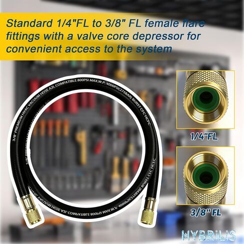 HV1S - خرطوم مكنسة HVAC مقاس 3/8 بوصة، متوافق مع A2L، تركيبات SAE مقاس 3/8 بوصة إلى 1/4 بوصة، 800 رطل لكل بوصة مربعة تعمل بضغط انفجار 4000 رطل لكل بوصة مربعة، خرطوم عالي التدفق معتمد بالفراغ in Kuwait
