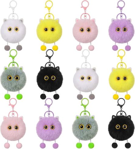Nosiny 12 Pcs Cute Cat Plush Keychains Bulk, Plush bag Charms for Kitty Lovers, fuzzy Pom Pom Car Stuff Mini Cat Keychains in Saudi Arabia