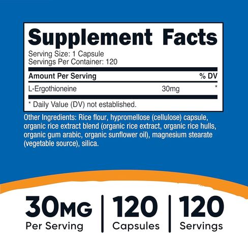 Nutricost L-Ergothioneine Supplement 30mg Per Serving, 120 Capsules for 120 Servings Per Bottle - Mushroom Derived Amino Acid, Vegan, GMO-Free, Gluten-Free in Saudi Arabia