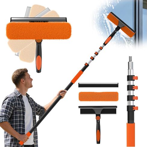 16FT Reach Window Squeegee Kit with Extension Pole, 2-in-1 Professional Washer for High Windows, 3-12FT Adjustable Reach, Rotatable Head for Indoor & Outdoor Use, Streak-Free Cleaning Tool for Home in Saudi Arabia