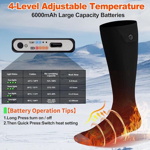 Electric Heated Socks for Men Women with 5V 5000mah Battery Foot Warmer 360° Toe Heating Electric Socks with 4 Levels Heat Settings Suitable for Outdoor Skiing, Winter Camping, Hiking (Black) (Black) in Saudi Arabia