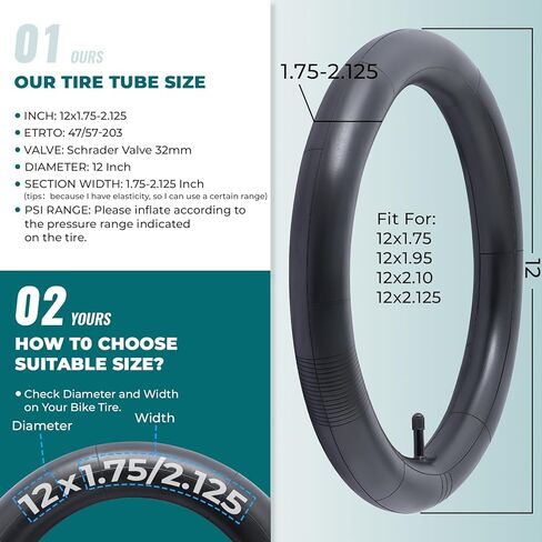 قطعتان، أنابيب دراجة ممتازة 12X1.75/1.90/1.95/2.0/2.10/2.125، متوافقة مع إطارات الدراجة 12x1.75 إلى 2.125، مع صمام شريدر 32 مم، مطاط البوتيل، تستخدم لدراجات الأطفال الجبلية والمدينة والطرق in Kuwait