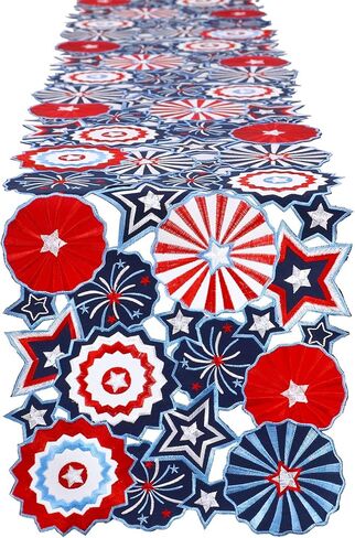 Simhomsen Embroidered Patriotic July 4th Table Runner, Red White Blue Stars and Pinwheels Design, Decorative Scalloped Edge (13 x 68 inches) in Saudi Arabia