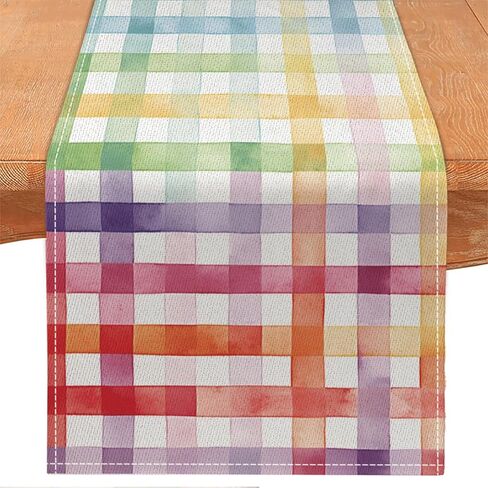 Buffalo Plaid Table Runner, Linen Check Dining Table Decoration, White Multi-Color Pattern, Indoor Outdoor Home Decor, 13 x 72 Inch (Rainbow, 13 x 72 Inch) in Saudi Arabia