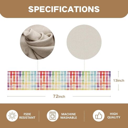 Buffalo Plaid Table Runner, Linen Check Dining Table Decoration, White Multi-Color Pattern, Indoor Outdoor Home Decor, 13 x 72 Inch (Rainbow, 13 x 72 Inch) in Saudi Arabia