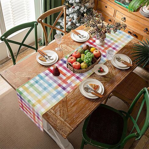 Buffalo Plaid Table Runner, Linen Check Dining Table Decoration, White Multi-Color Pattern, Indoor Outdoor Home Decor, 13 x 72 Inch (Rainbow, 13 x 72 Inch) in Saudi Arabia