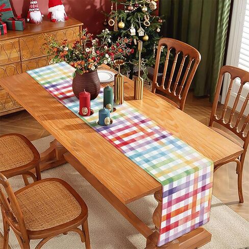 Buffalo Plaid Table Runner, Linen Check Dining Table Decoration, White Multi-Color Pattern, Indoor Outdoor Home Decor, 13 x 72 Inch (Rainbow, 13 x 72 Inch) in Saudi Arabia