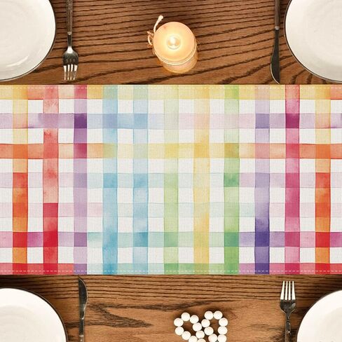 Buffalo Plaid Table Runner, Linen Check Dining Table Decoration, White Multi-Color Pattern, Indoor Outdoor Home Decor, 13 x 72 Inch (Rainbow, 13 x 72 Inch) in Saudi Arabia