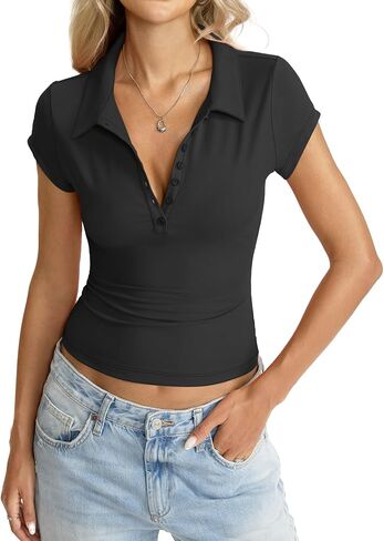 Womens Polo Shirts Deep V Neck Cap Sleeve Tops Collared Sexy Summer Tee Button Down Business Casual Clothes 2026 in Saudi Arabia