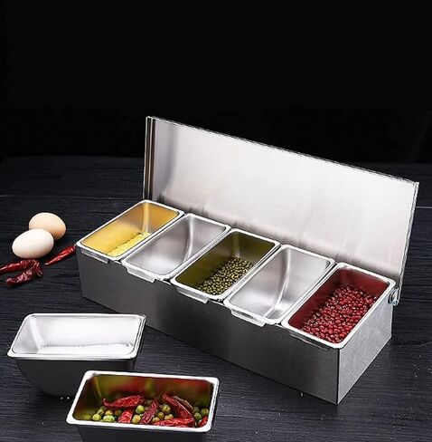 TrueCraftware- 5 Compartment Stainless Steel Condiment Bar (Open Bottom)- Condiment Dispenser Serving Container Garnish Tray Bar Caddy Condiment Server Caddy Garnish Holder for Home Work Restaurant in Saudi Arabia