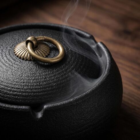 KALLORY Ceramic Ashtray with Lid, Mini Portable Windproof Ash Tray for Men, Black Covered Compact Outdoor and Car Use, Stable Anti-tip Design for Patio and Travel in Saudi Arabia