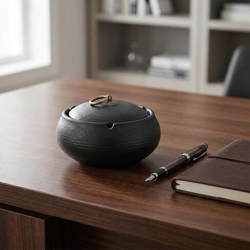 KALLORY Ceramic Ashtray with Lid, Mini Portable Windproof Ash Tray for Men, Black Covered Compact Outdoor and Car Use, Stable Anti-tip Design for Patio and Travel in Saudi Arabia