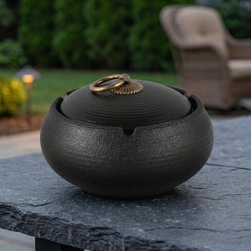 KALLORY Ceramic Ashtray with Lid, Mini Portable Windproof Ash Tray for Men, Black Covered Compact Outdoor and Car Use, Stable Anti-tip Design for Patio and Travel in Saudi Arabia