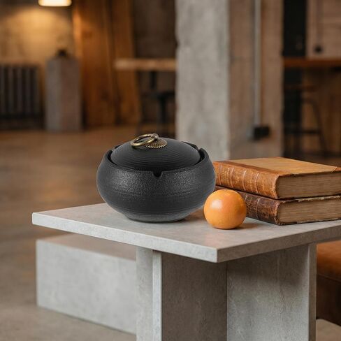 KALLORY Ceramic Ashtray with Lid, Mini Portable Windproof Ash Tray for Men, Black Covered Compact Outdoor and Car Use, Stable Anti-tip Design for Patio and Travel in Saudi Arabia