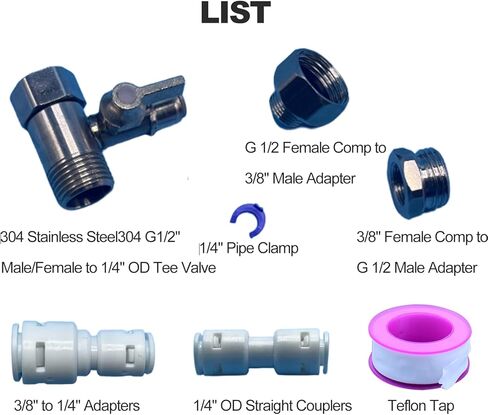 فاصل خط مياه من الفولاذ المقاوم للصدأ، 3/8 بوصة × 3/8 بوصة × 1/4 بوصة & G1/2 بوصة × G1/2 بوصة × 1/4 بوصة صمام إيقاف تي مع توصيل سريع، لنظام RO، الثلاجة، صانع الثلج، يتضمن محولات 1/4 بوصة و1/4 بوصة إلى 3/8 بوصة + تيفلون Ta in Kuwait