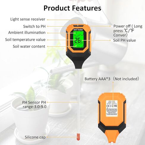 4-in-1 Soil Moisture Meter Digital PH Meter/Soil Moisture/Plant Temperature/Sunlight Intensity, Backlight LCD Display, Soil Test Meter for Garden, Lawn, Plant Care, Farm and Indoor Outdoor Plants in Saudi Arabia