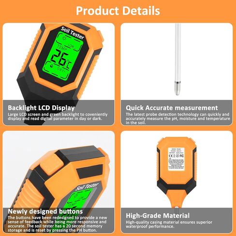 4-in-1 Soil Moisture Meter Digital PH Meter/Soil Moisture/Plant Temperature/Sunlight Intensity, Backlight LCD Display, Soil Test Meter for Garden, Lawn, Plant Care, Farm and Indoor Outdoor Plants in Saudi Arabia