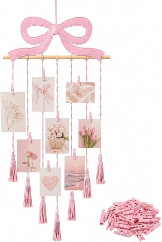 Pink Bow Hanging Photo Display Wall Decor Pink Macrame Wall Hanging Coquette Picture Frame Collage Holder with 30 Clips for Room Bedroom Graduation Wedding Christmas Coquette Party Decor in Kuwait
