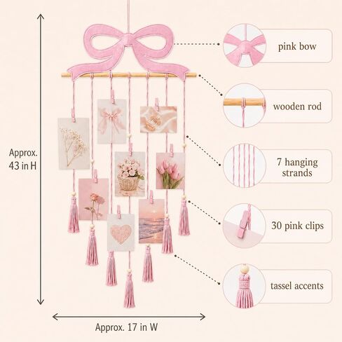 Pink Bow Hanging Photo Display Wall Decor Pink Macrame Wall Hanging Coquette Picture Frame Collage Holder with 30 Clips for Room Bedroom Graduation Wedding Christmas Coquette Party Decor in Kuwait